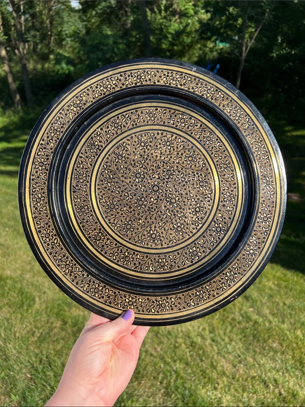 VTG Damascene Black Gold Brass Ornate Etched Floral Wall Plate Wall Hanging